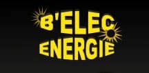 B'ELEC ENERGIE : Logo Énergie Solaire Logo jaune vif sur fond noir : B'ELEC ENERGIE, encadré par des soleils stylisés symbolisant l'énergie.