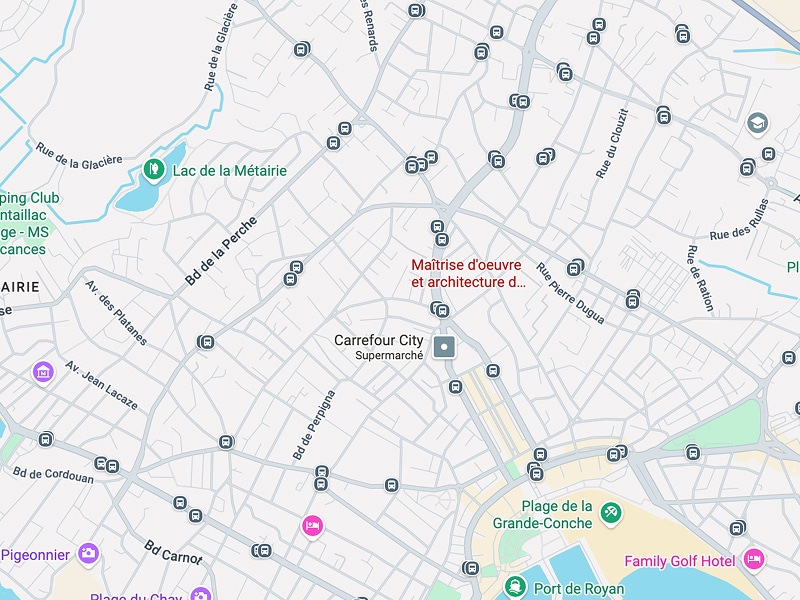 Carte Royan : Carrefour City, Lac, Plage Grande-Conche Plan de ville français centré sur Carrefour City, Lac de la Métairie, Bd Carnot, et la Plage de la Grande-Conche. Nombreux arrêts de bus.