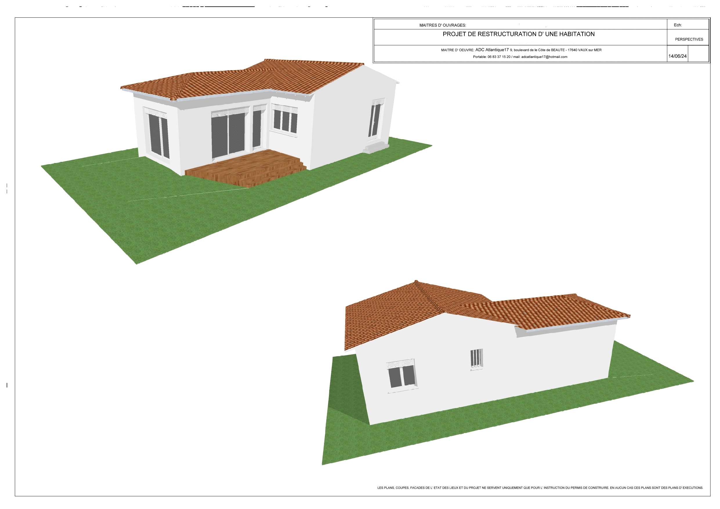 Perspectives d'un projet de restructuration d'une habitation blanche avec toit en tuiles terre cuite et terrasse en bois. Projet ADC Atlantique, 14/06/24.